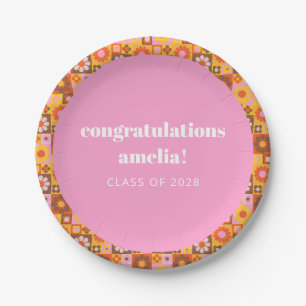 Cute Retro Floral Pink Orange Graduation Custom Paper Plate