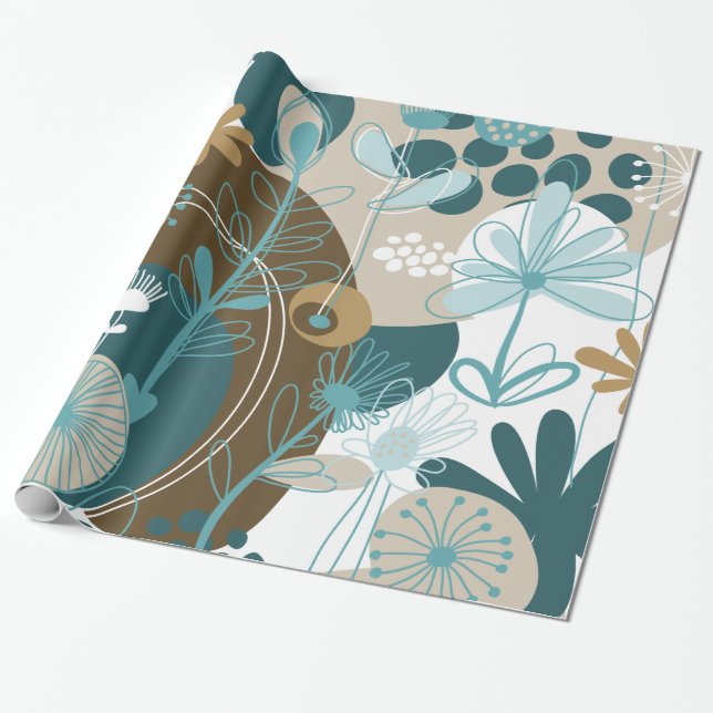 Cute Retro Floral Vector, Aqua Teal Brown Wrapping Paper (Unrolled)