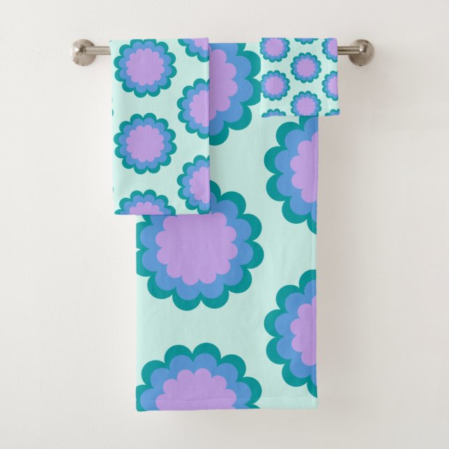 Cute Retro Flower Pattern in Mint and Purple Bath Towel Set (Insitu)