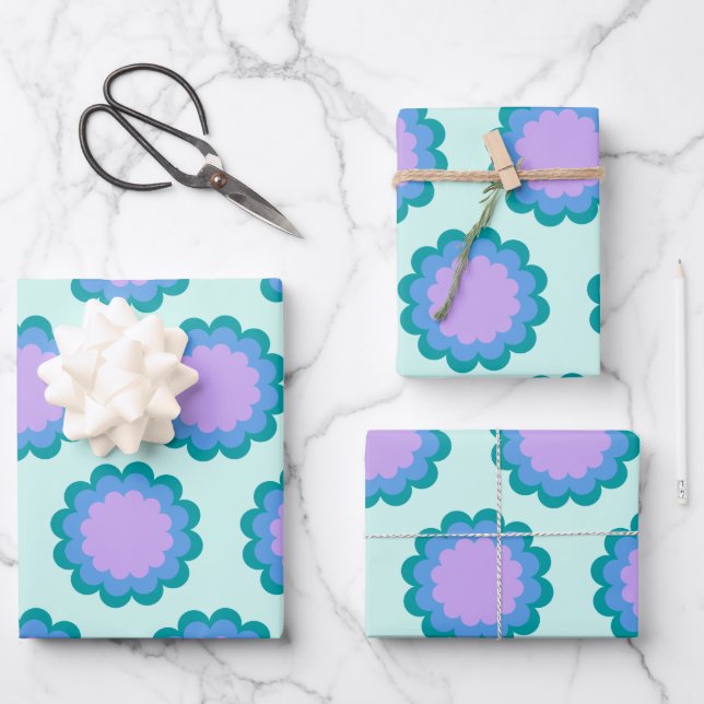 Cute Retro Flower Pattern in Mint and Purple  Wrapping Paper Sheet (Front)