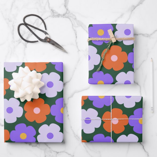 Cute Retro Flower Pattern in Purple and Green  Wrapping Paper Sheet (Front)