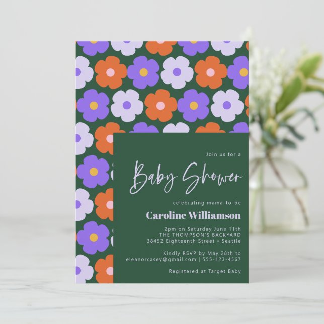 Cute Retro Flower Pattern Purple Green Baby Shower Invitation (Standing Front)