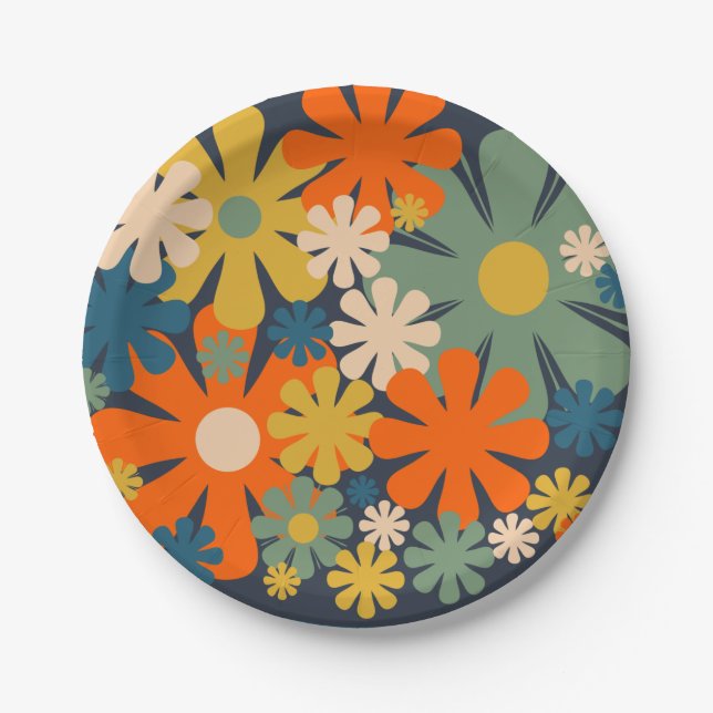 Cute Retro Flowers 60s 70s Vibe Paper Plate (Front)