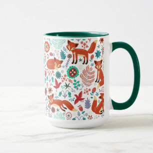 Cute Retro Flowers Birds & Red Foxes Pattern Mug