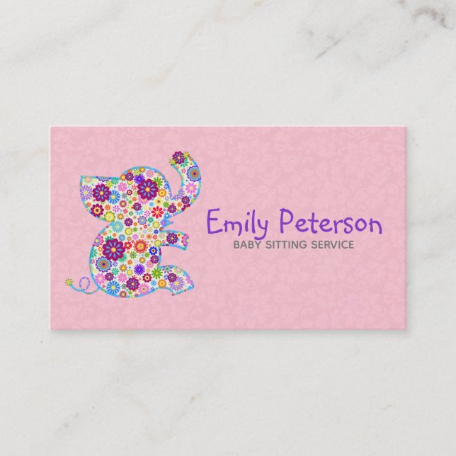 Cute Retro Flowers Cartoon Style Elephant Business Card (Front)