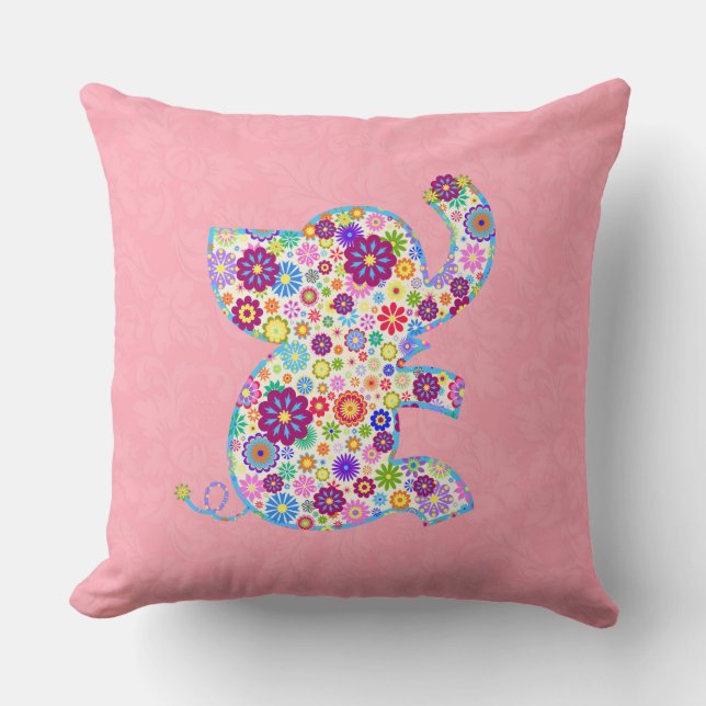 Cute Retro Flowers Cartoon Style Elephant Cushion (Front)