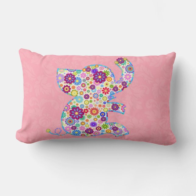 Cute Retro Flowers Cartoon Style Elephant Lumbar Cushion (Front)