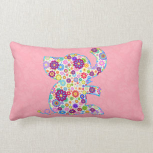 Cute Retro Flowers Cartoon Style Elephant Lumbar Cushion