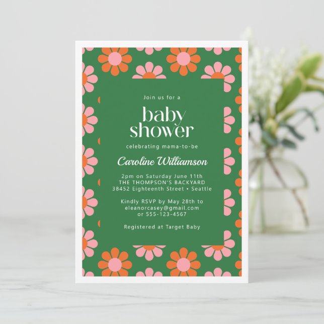 Cute Retro Flowers Green Pink Baby Shower Invitation (Standing Front)