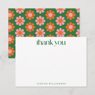Cute Retro Flowers Green Pink Custom Baby Shower  Thank You Card