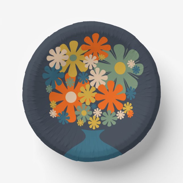 Cute Retro Flowers in a Vase Paper Plate (Front)