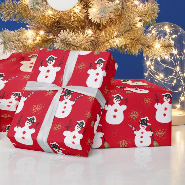 Cute Retro Frosty Gold Red Wrapping Paper (Holidays)