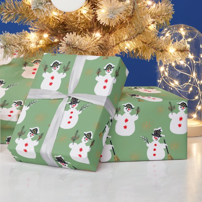 Cute Retro Frosty Gold Sage Green Wrapping Paper (Holidays)