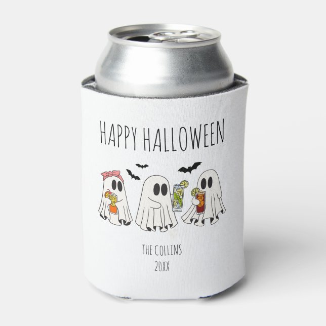Cute Retro Ghost and Cocktails Happy Halloween Can Cooler (Can Front)