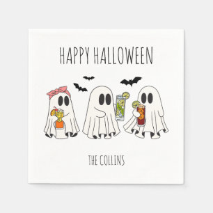 Cute Retro Ghost and Cocktails Happy Halloween Napkin