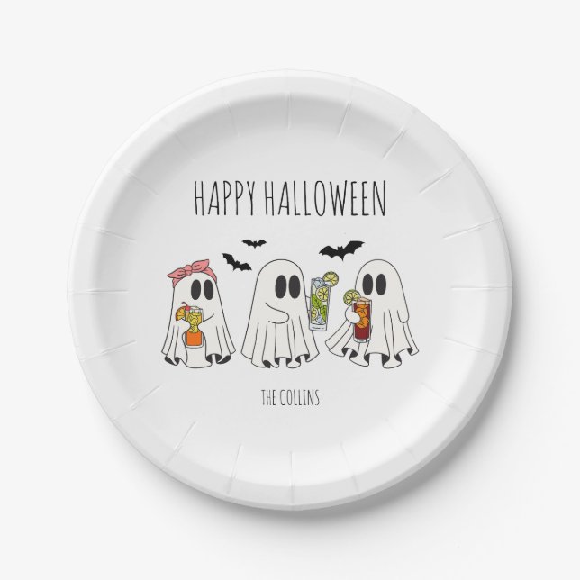 Cute Retro Ghost and Cocktails Happy Halloween Paper Plate (Front)