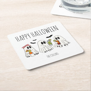 Cute Retro Ghost and Cocktails Happy Halloween Square Paper Coaster