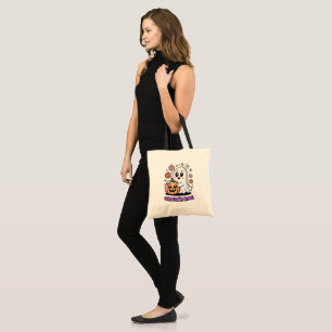 Cute Retro Ghost Hugging Pumpkin Halloween Tote Bag