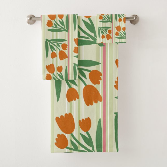 Cute retro gift l Striped background l Floral Bath Towel Set (Insitu)