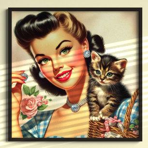 Cute Retro Girl and Kitten Poster
