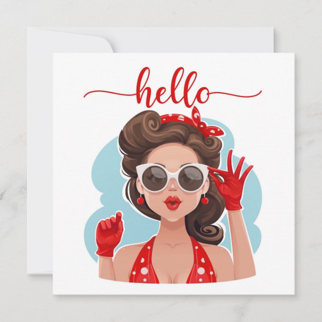 Cute Retro Girl Blue Flat Hello Card (Front)