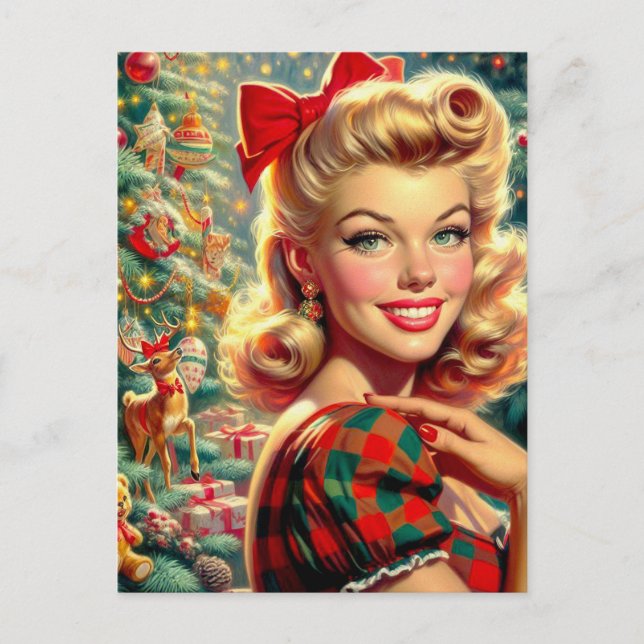 Cute Retro Girl Christmas Postcard (Front)