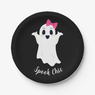 Cute Retro Girl Ghost with Pink Hair Bow Paper Plate