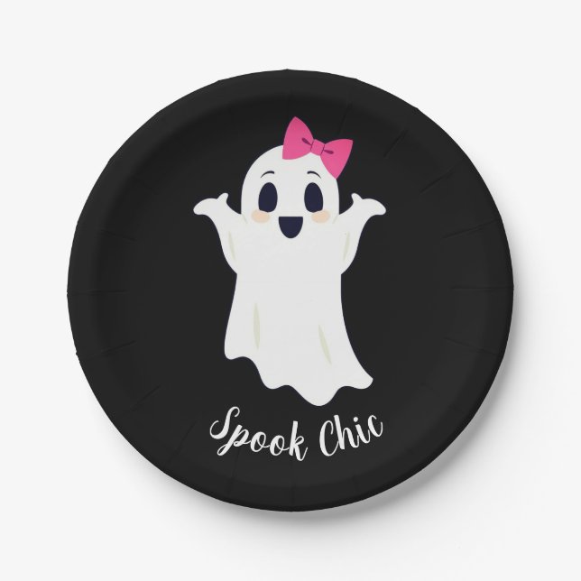 Cute Retro Girl Ghost with Pink Hair Bow Paper Plate (Front)
