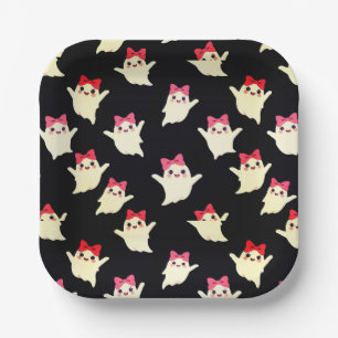 Cute Retro Girl Ghost with Pink Hair Bow Paper Plate