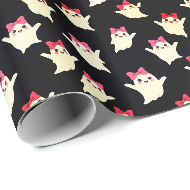 Cute Retro Girl Ghost with Pink Hair Bow Wrapping Paper (Roll Corner)