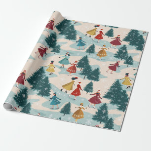 Cute Retro Girls Skating in Winter Wonderland Wrapping Paper