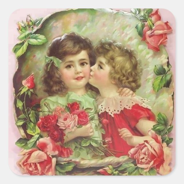 Cute Retro Girls With Roses Square Sticker (Front)