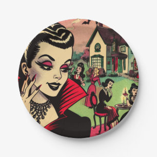Cute Retro Goth Vampire Woman Comics Paper Plate