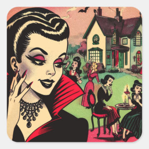 Cute Retro Goth Vampire Woman Comics Square Sticker