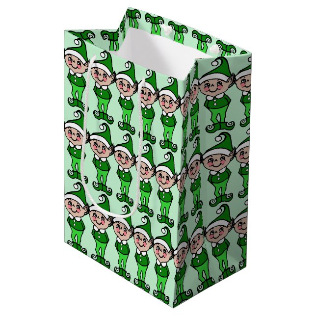 Cute Retro Green Christmas Elves Elf Gift Bag (Front Angled)