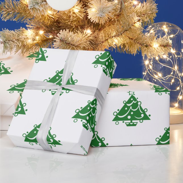 Cute Retro Green Christmas Tree Pattern on White Wrapping Paper (Holidays)