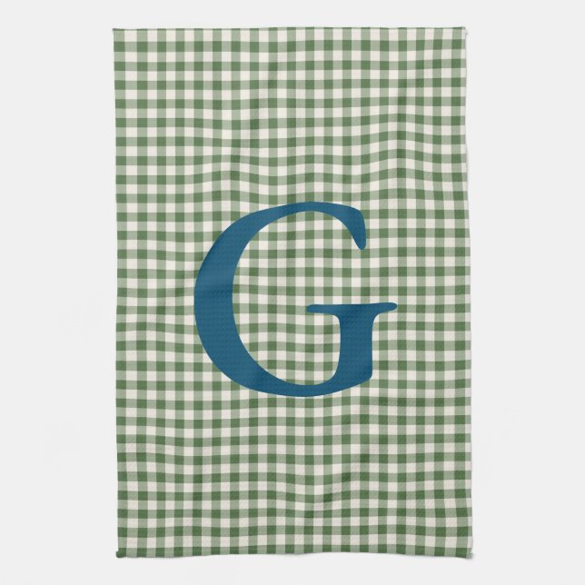 Cute Retro Green Gingham Plaid Pattern Monogram  Tea Towel (Vertical)
