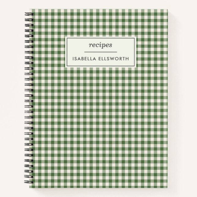 Cute Retro Green Gingham Plaid Personalised Recipe Notebook (Front)