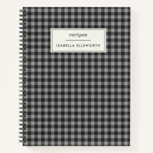 Cute Retro Grey Gingham Plaid Personalised Recipe Notebook