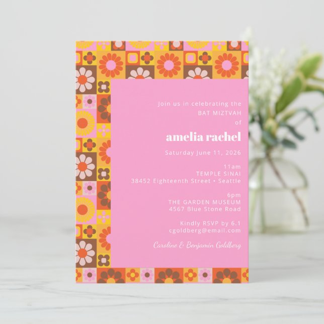 Cute Retro Groovy Floral Pink Orange Bat Mitzvah Invitation (Standing Front)