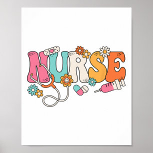 Cute Retro Groovy Nurse Flower Nursing Women  Poster