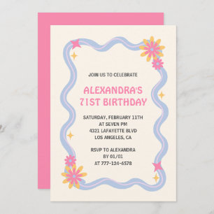 Cute Retro Groovy Pink Flowers 71st birthday  Invitation