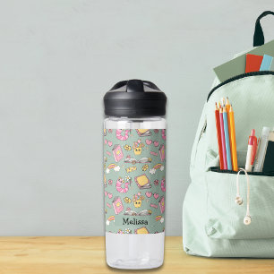 Cute Retro Groovy Pink Green Books Flowers    Water Bottle