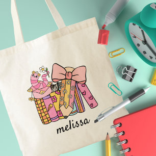 Cute Retro Groovy Pink Pencil Book Coquette  Tote Bag