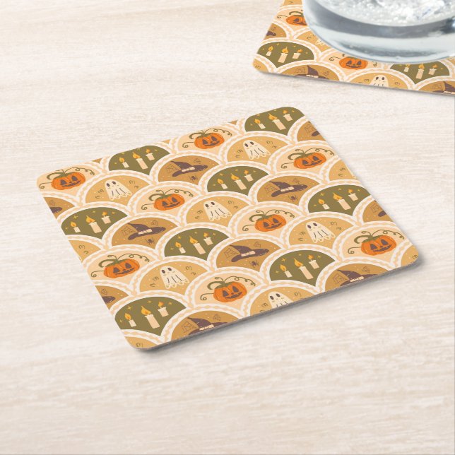 Cute Retro Halloween Pattern Square Paper Coaster (Angled)