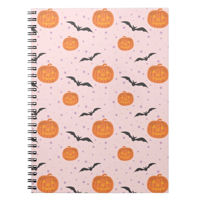 Cute Retro Halloween Pumpkins and Bats Notebook (Front)