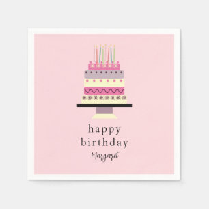 Cute Retro Hand-Illustrated Girly Pink Birthday Napkin