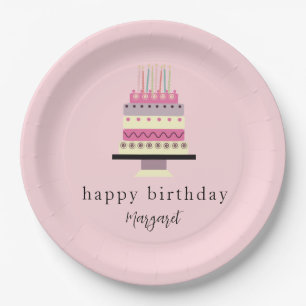 Cute Retro Hand-Illustrated Girly Pink Birthday  Paper Plate