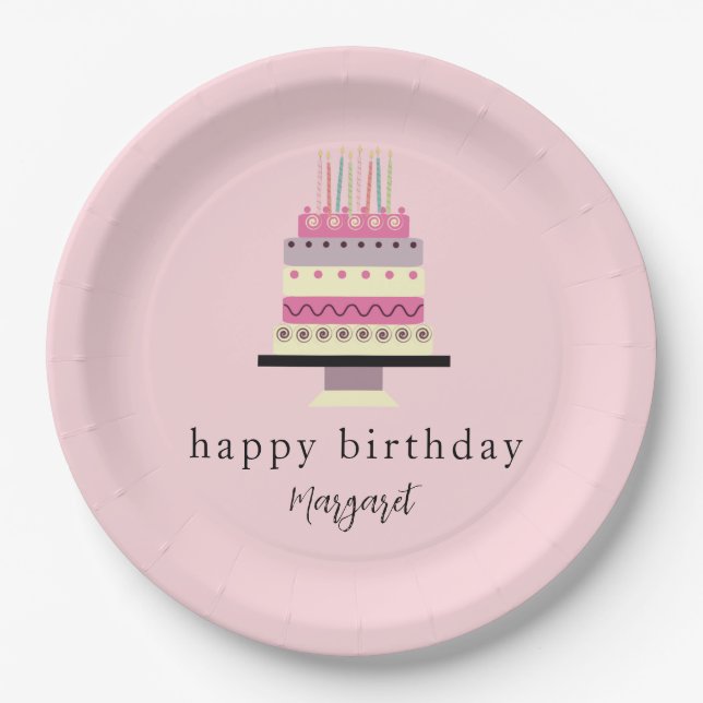 Cute Retro Hand-Illustrated Girly Pink Birthday  Paper Plate (Front)