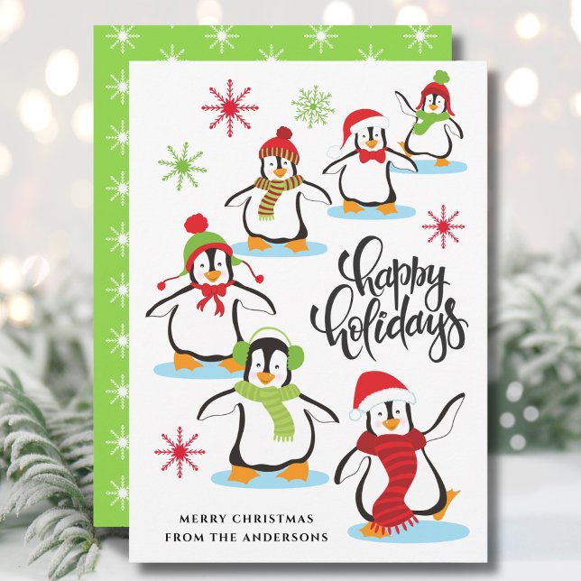 Cute Retro Happy Holidays Penguins Green Holiday Card (Creator Uploaded)